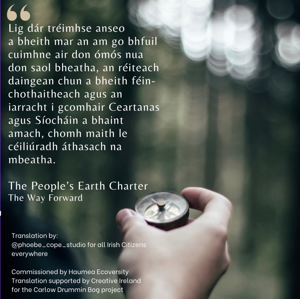 Irish translation of the last lines of the Earth Charter, translated by Drummin Bog Committee member Phoebe Cope.