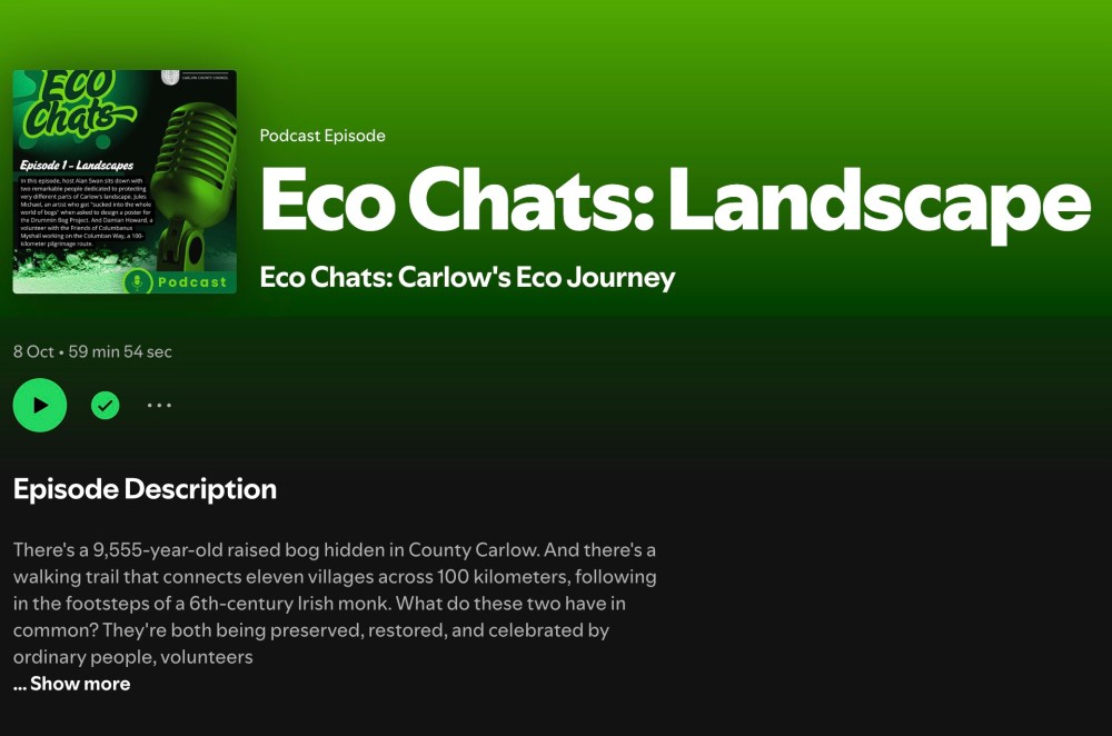 Spotify image; for the Carlow Eco Chats Podcast: episode 1 2025 featuring Jules Michael, artist with the Drummin Bog Project